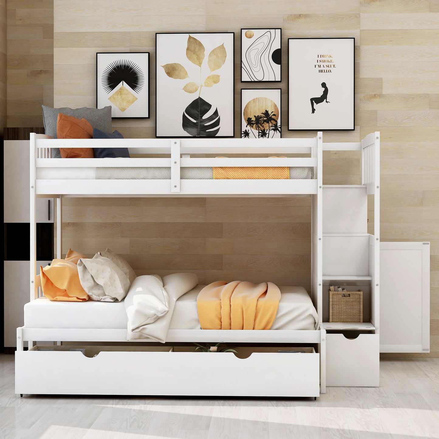 White twin over twin bunk bed with pullout trundle ideal for kids rooms