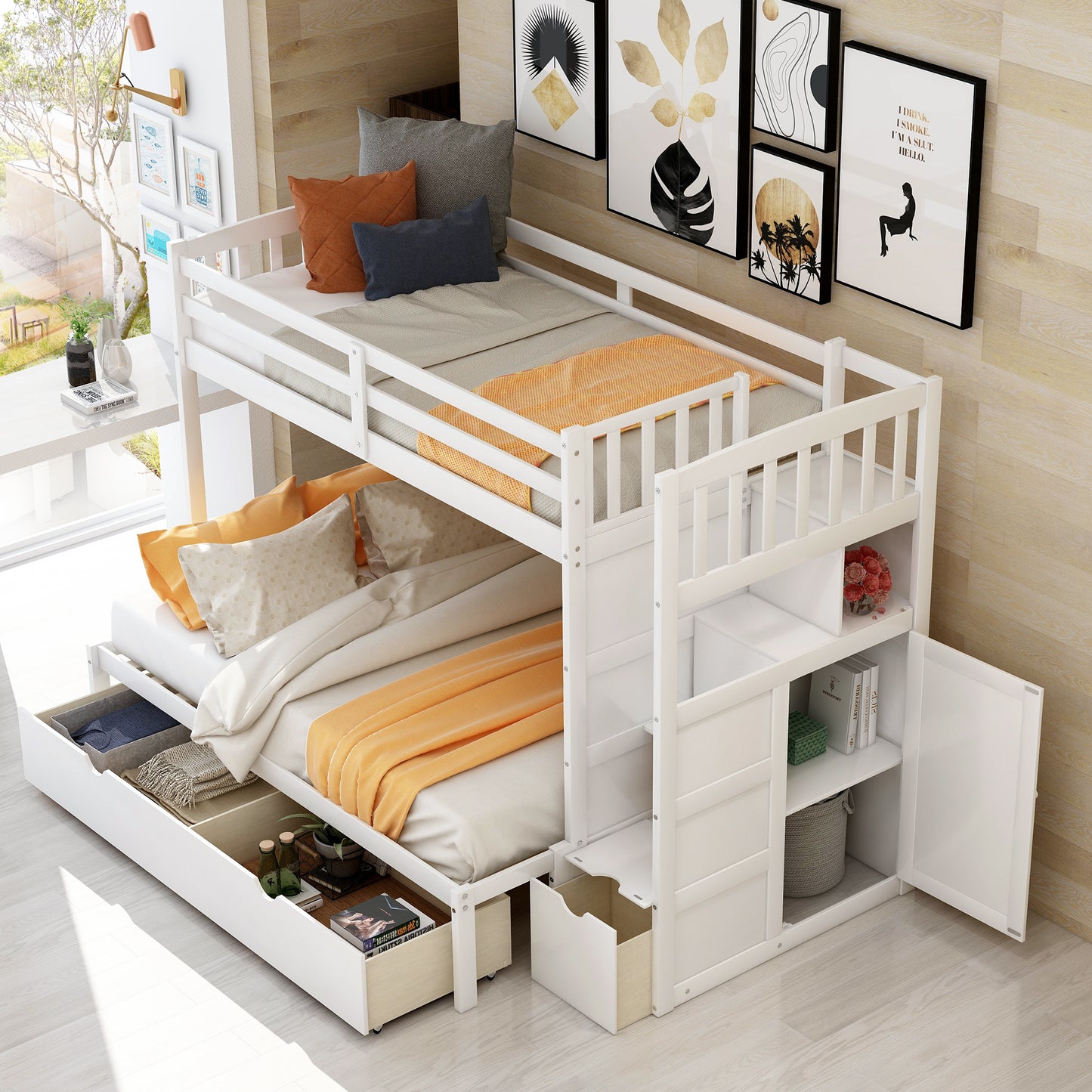 White wooden twin over twin bunk bed with storage drawers and shelves for kids room