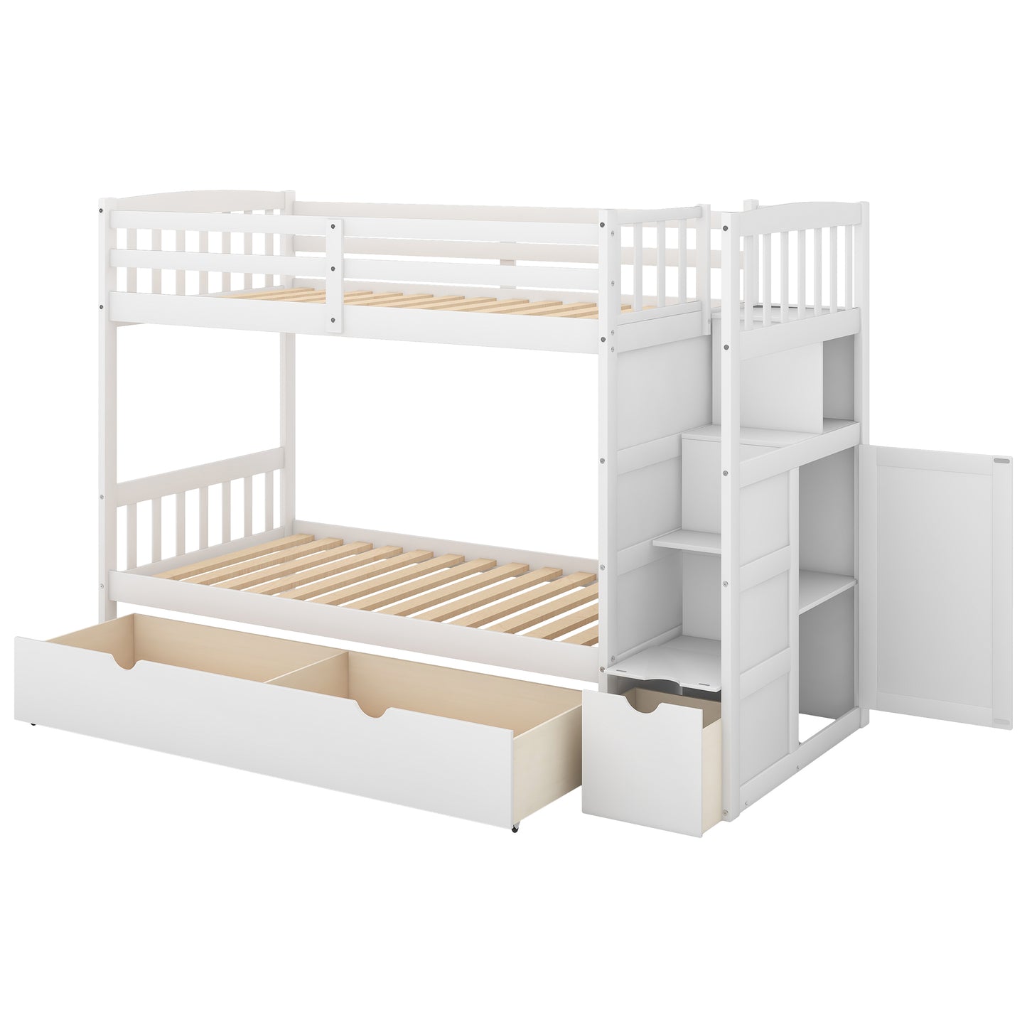 White wooden bunk bed with stairs and storage drawers perfect for kids rooms