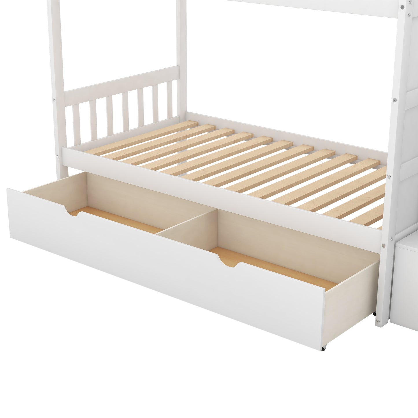 White wooden bunk bed with two large drawers for storage