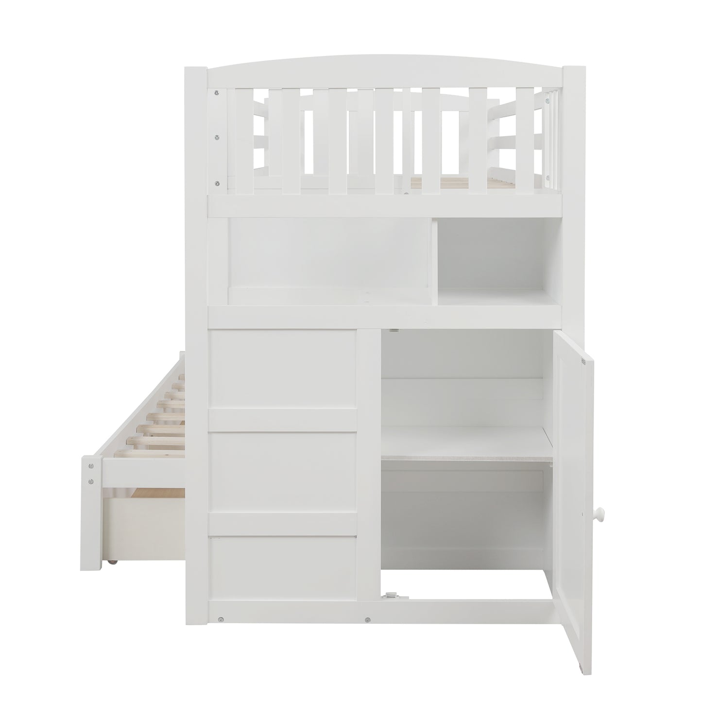 White wooden bunk bed with open storage and drawers for kids