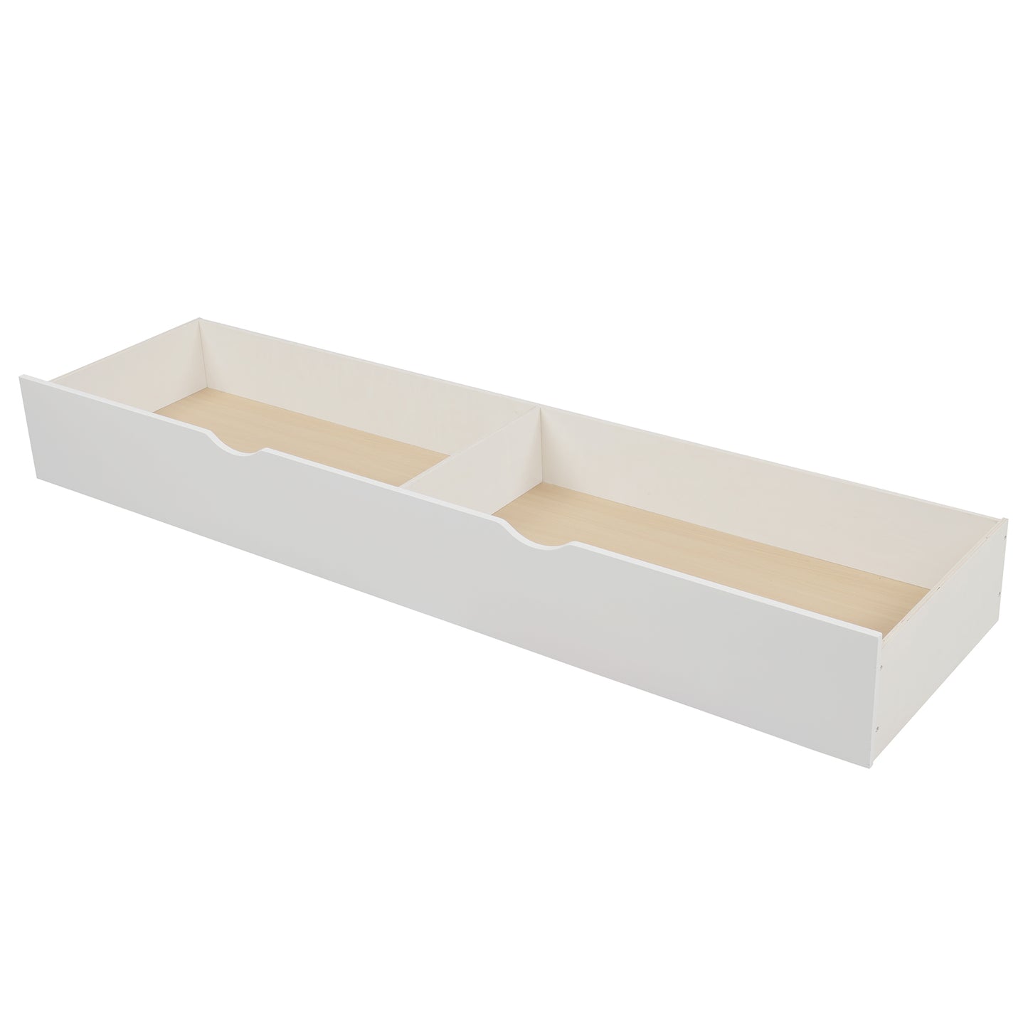 White twin bed drawer with natural wood interior and divider characters