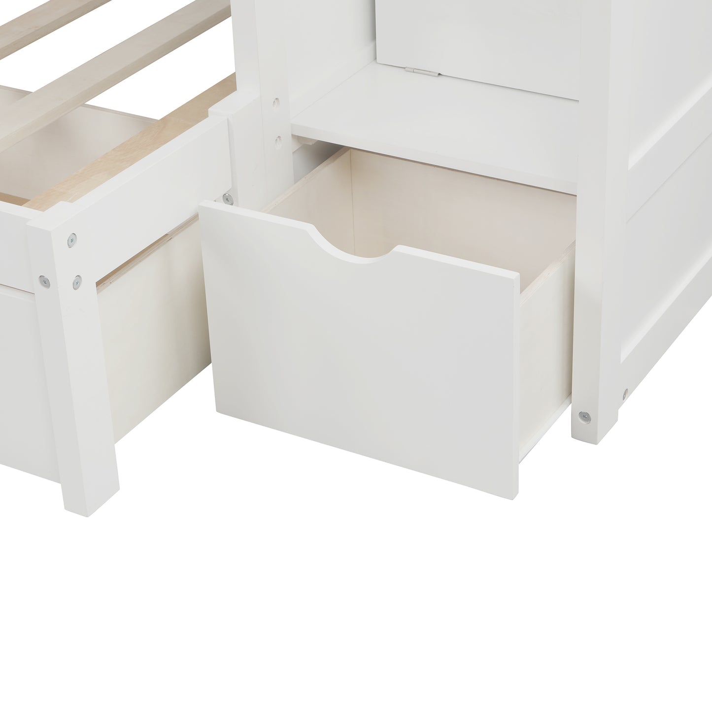 Closeup of white wood bunk bed with open drawer and slatted base