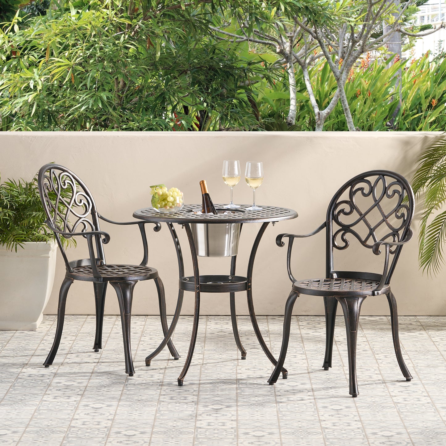 TREATLIFE HOME Outdoor Cast Aluminum Bistro Set with Ice Bucket, 3-Piece Seating Arrangement, Copper Finish