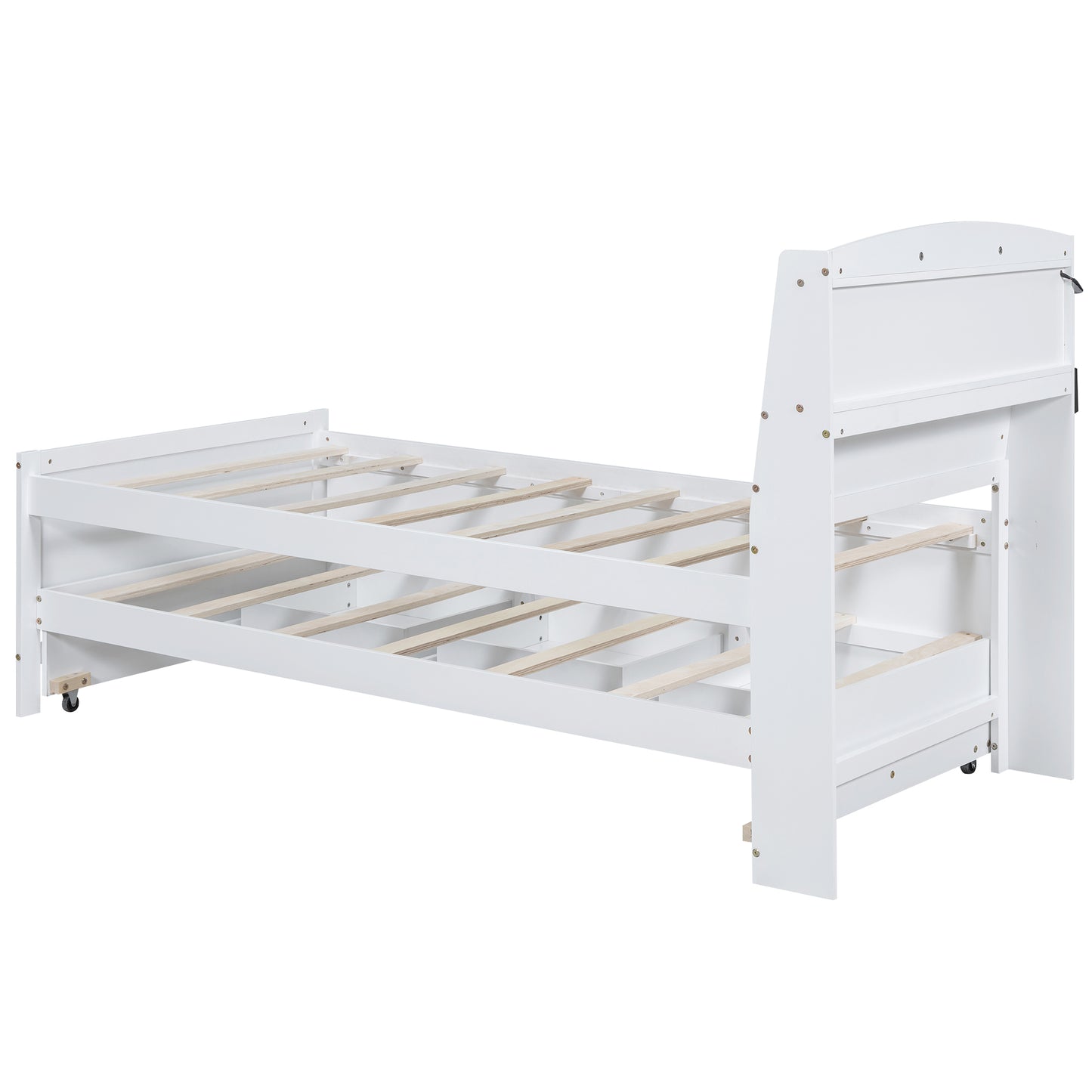 White twin bed frame with wooden slats and a wheeled trundle bed base