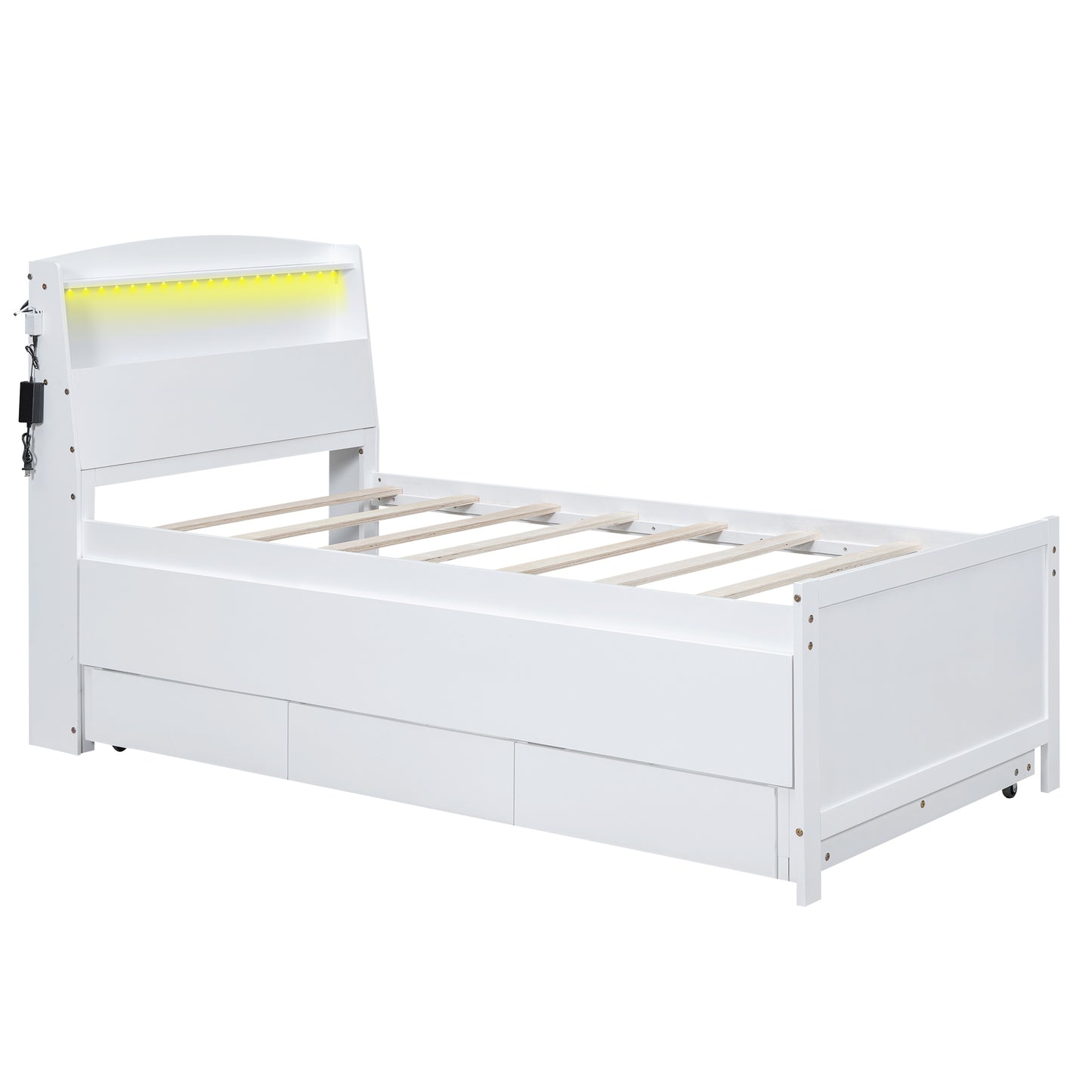 White twin bed with builtin LED headboard lighting and three underbed storage drawers