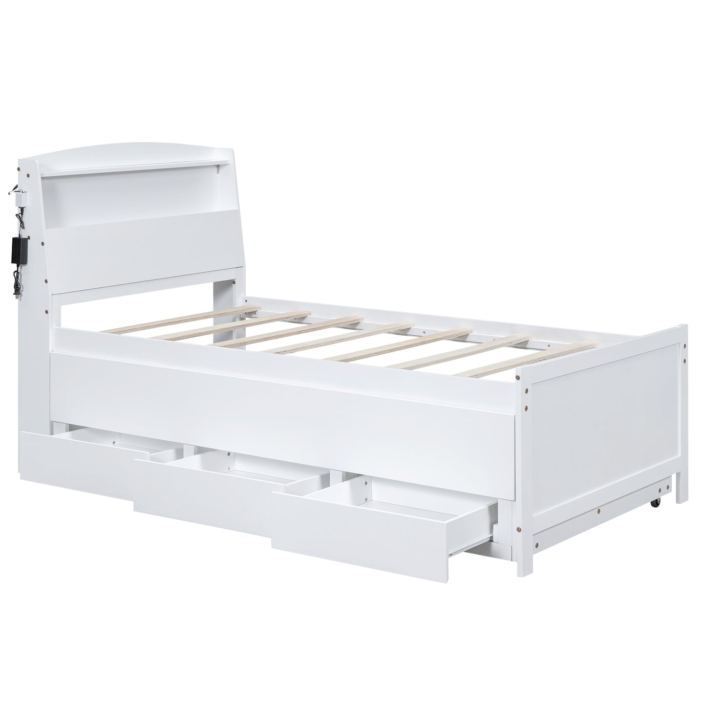White wooden twin bed frame with builtin storage drawers and bookshelf headboard