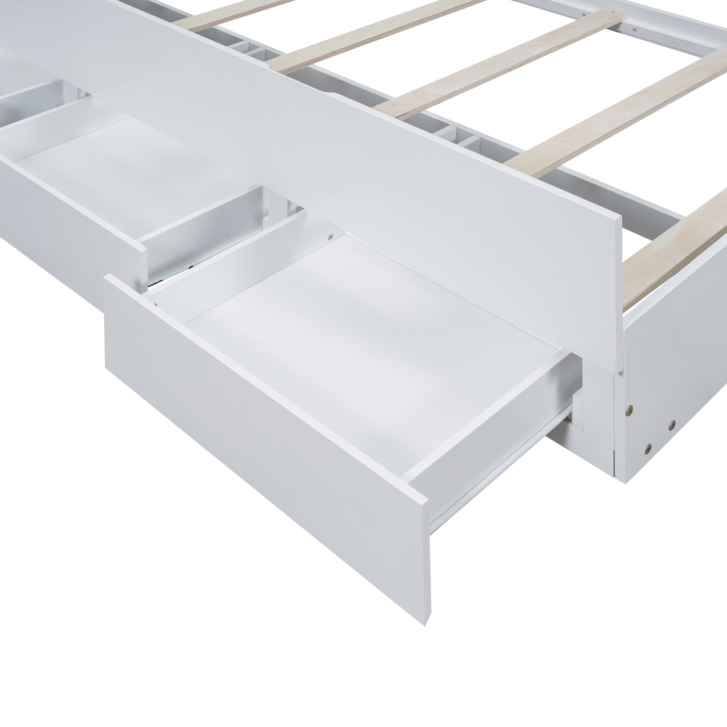 White wooden bed frame with open drawers and slatted base