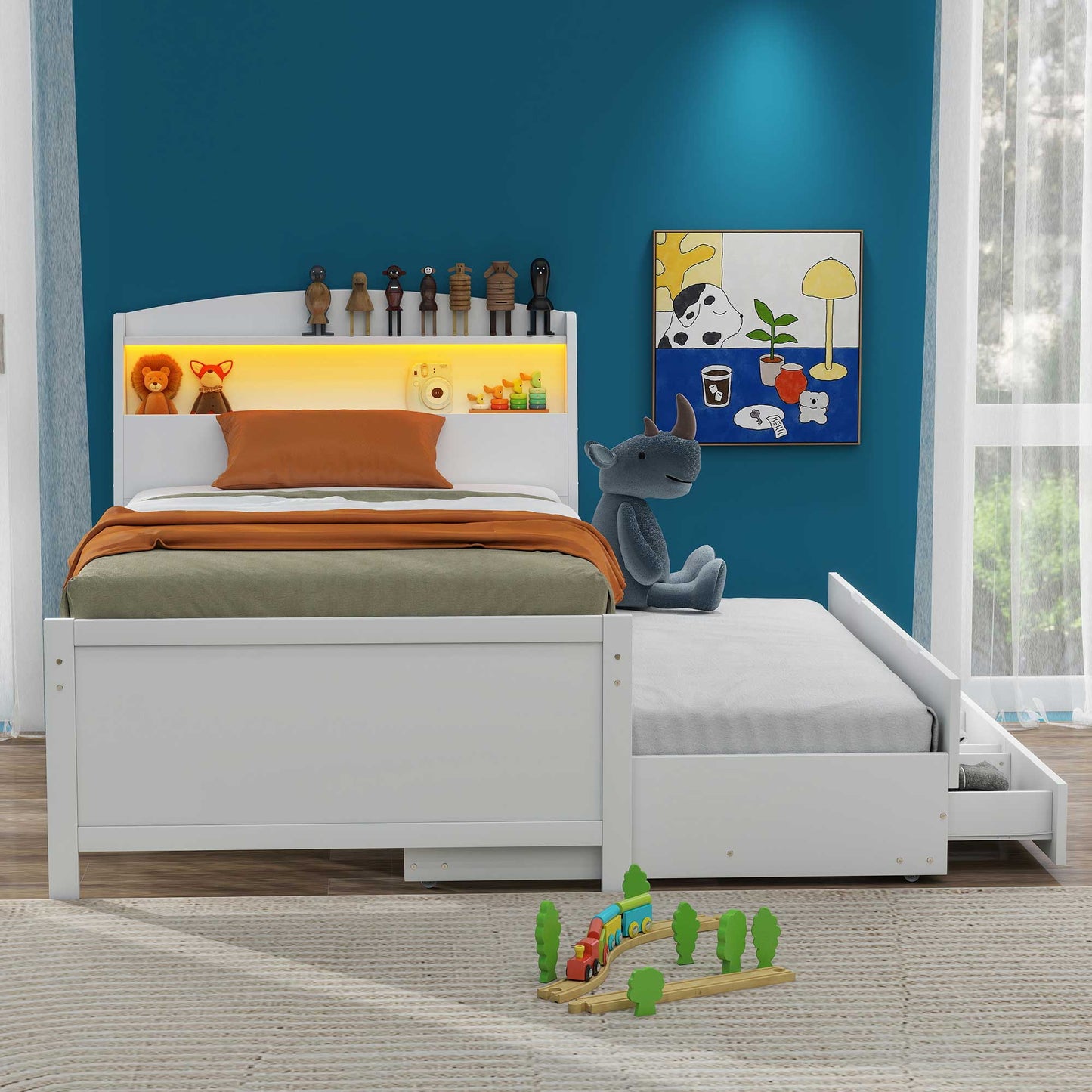 White twin bed with pullout trundle and builtin LED shelf lighting for kids room
