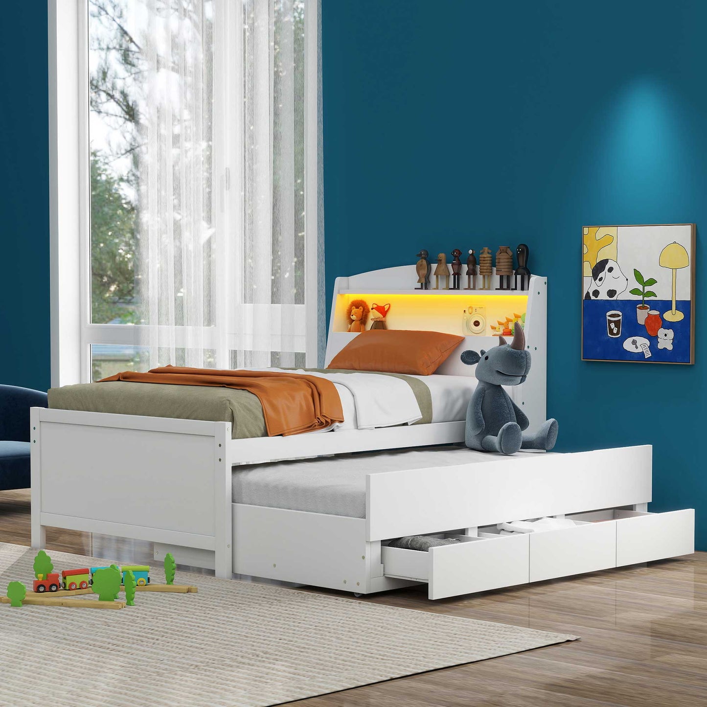 White twin bed with trundle and storage drawers perfect for kids rooms