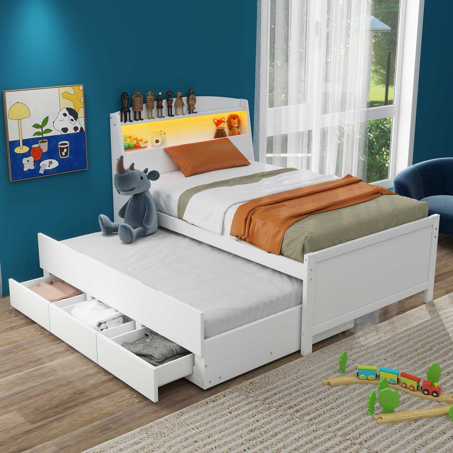 White twin bed frame with integrated drawers and a pullout trundle perfect for kids rooms