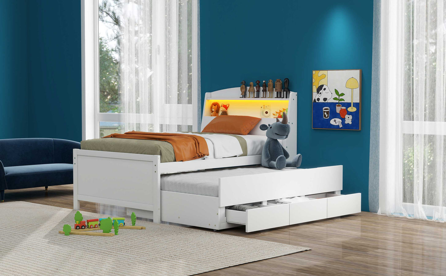 White twin captains bed with integrated storage drawers and pullout trundle