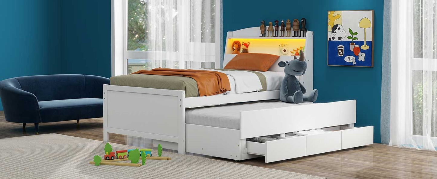 White twin bed with pullout trundle and builtin storage drawers ideal for kids rooms