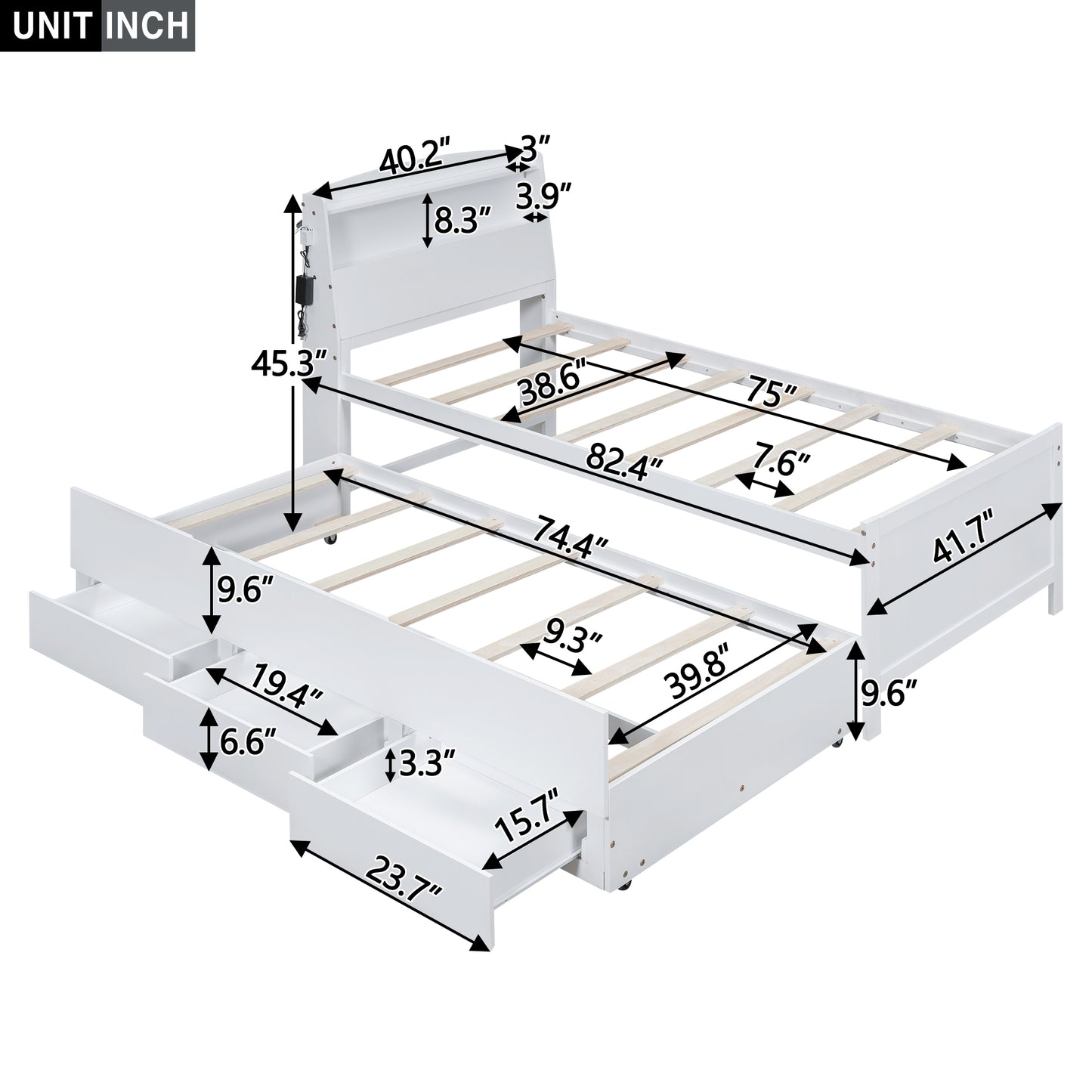 White twin daybed with drawers showing dimensions for frame and storage