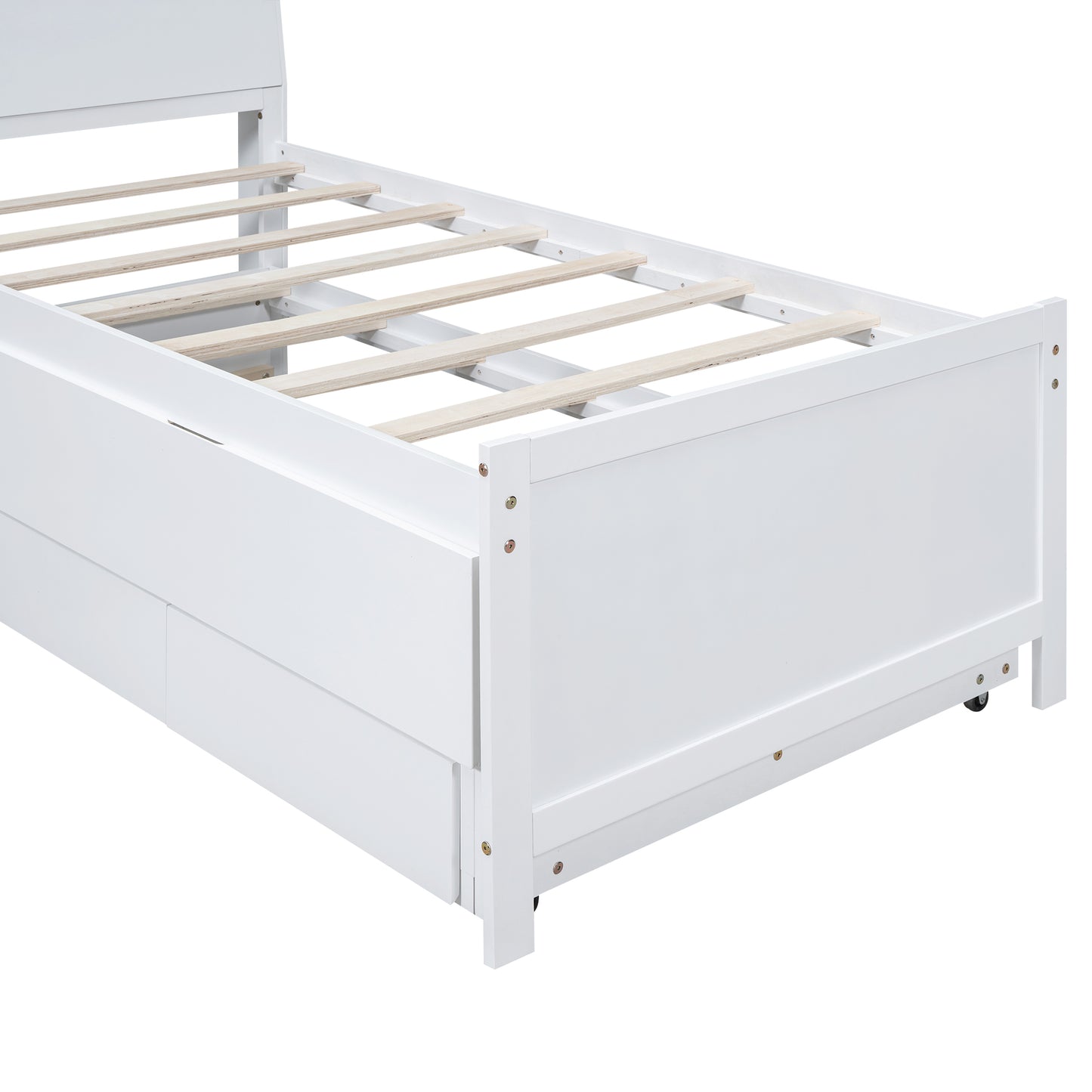 White wooden twin bed frame with drawers and slatted base Ideal for kids rooms