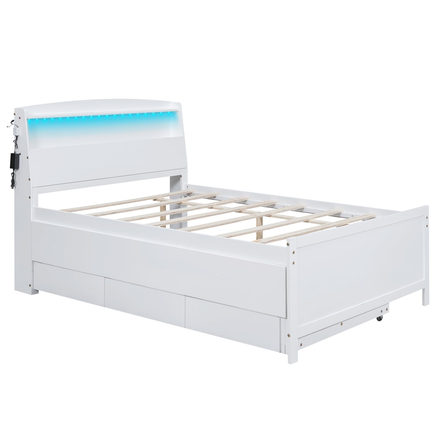 Modern white twin bed frame with builtin LED lights and storage drawers for kids rooms