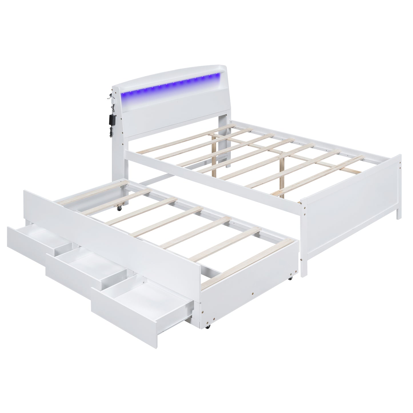 White twin bed frame with pullout trundle and builtin drawers featuring a blue LED lightup headboard
