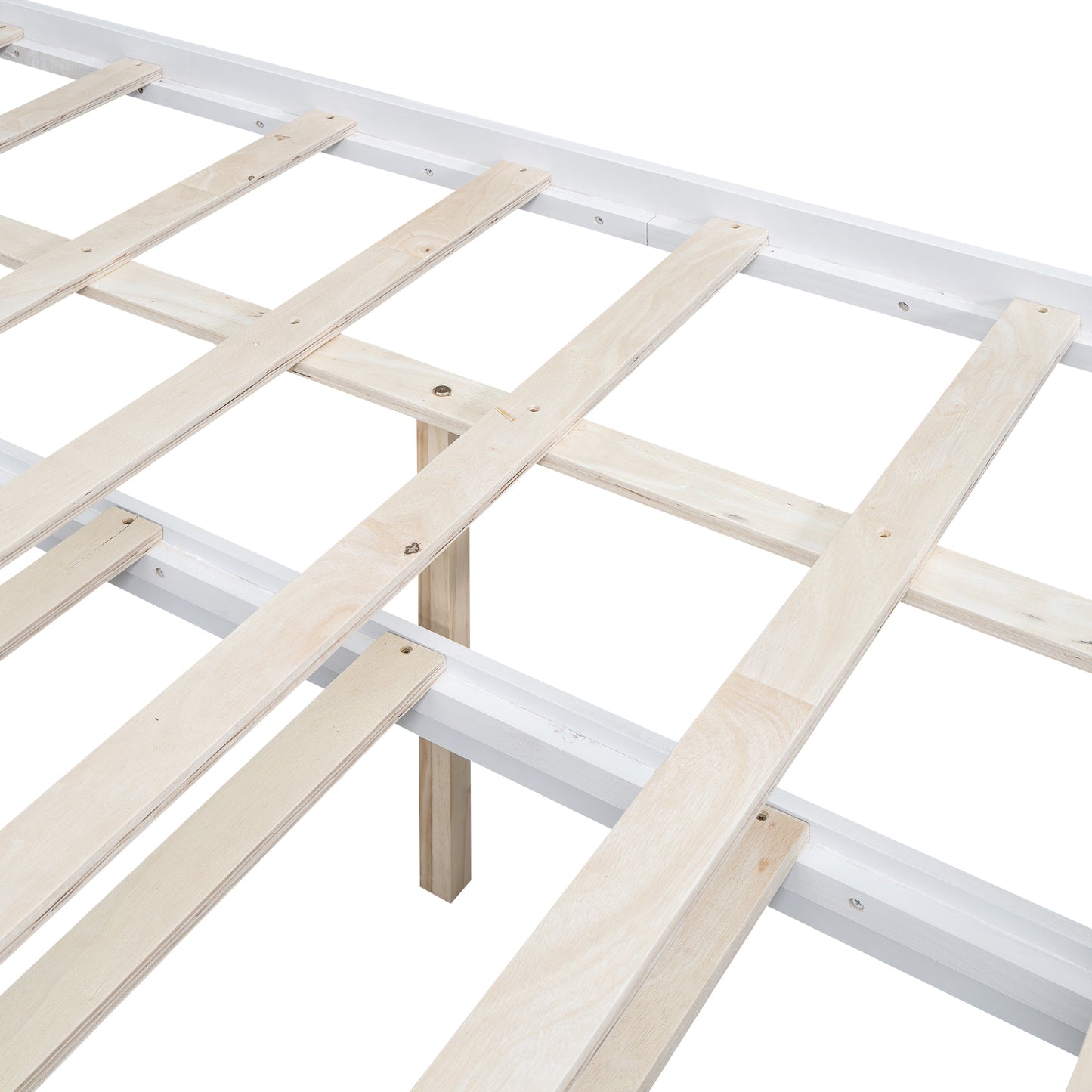 White metal bed frame with natural wood slats for mattress support