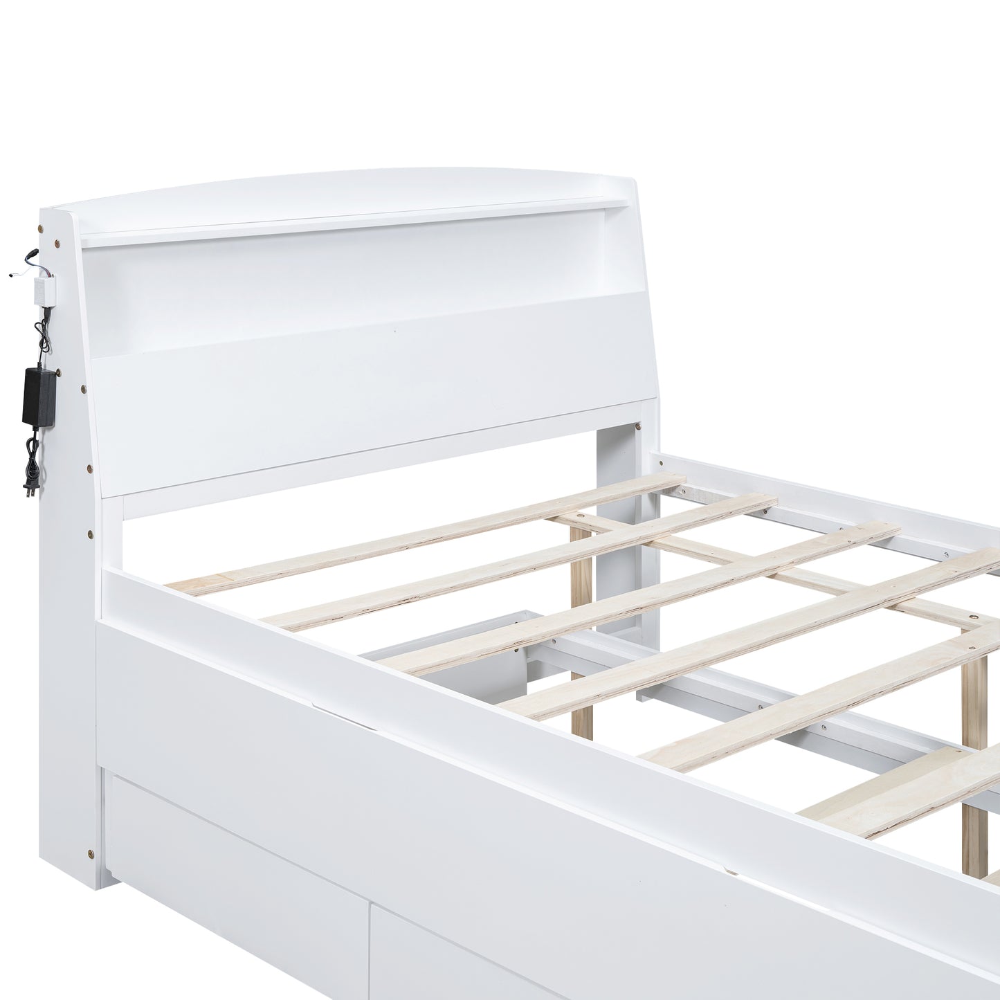 White modern twin bed frame with integrated headboard shelf and bedside charging station