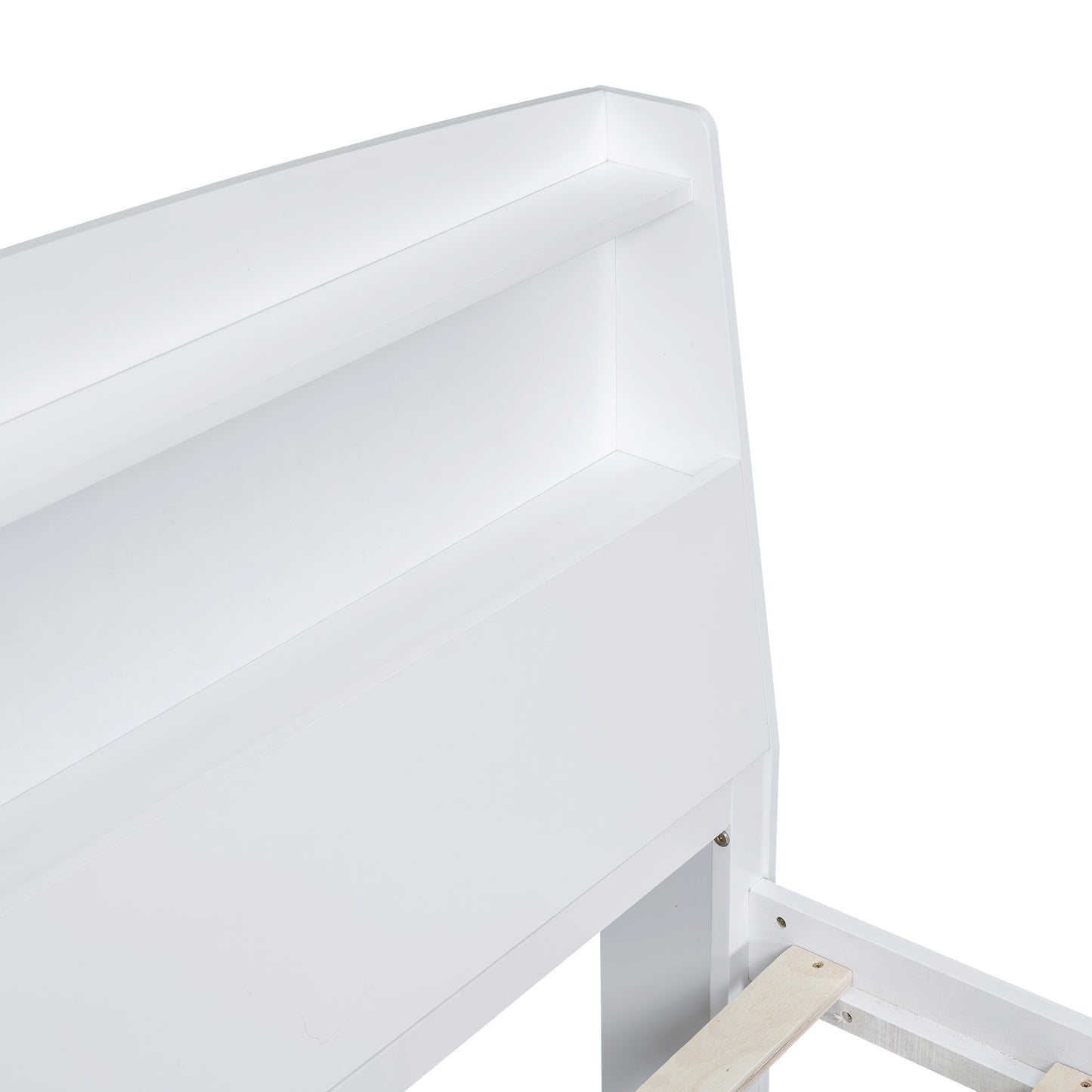 Closeup of white wooden bookshelf headboard with clean lines