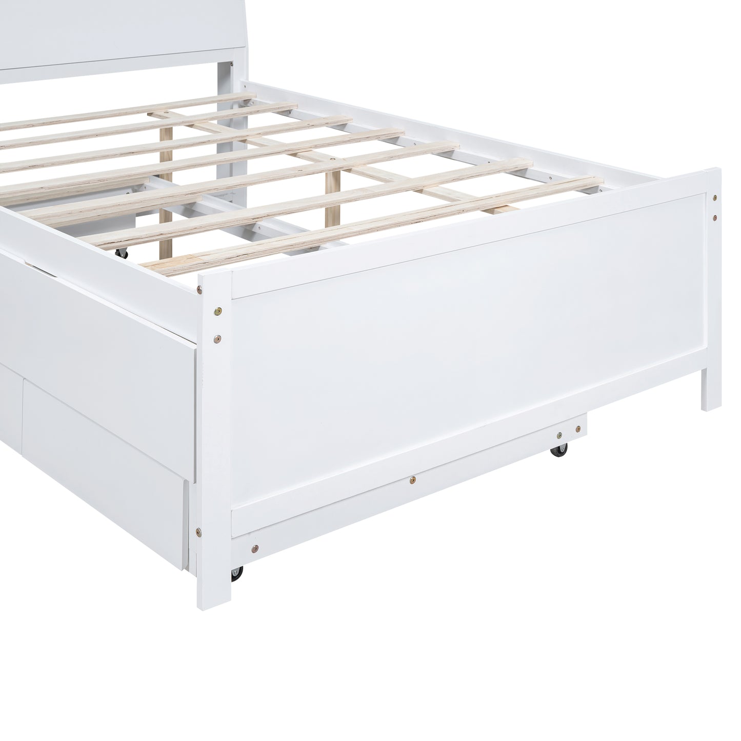 White twin bed frame with integrated storage drawers and a slatted base