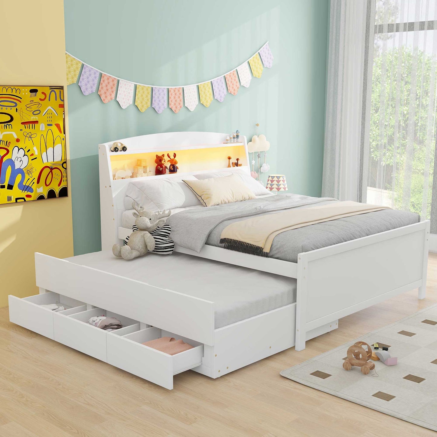 White twin bed with trundle and storage drawers featuring a lighted headboard shelf for toys