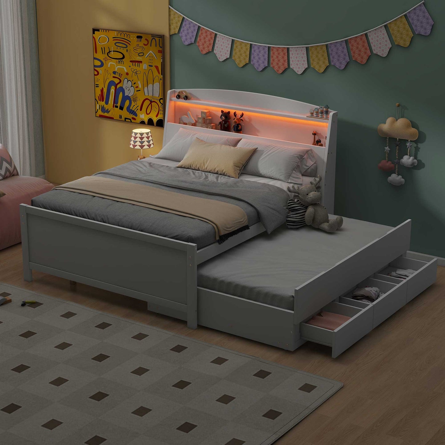 Modern grey twin bed with a pullout trundle and integrated storage drawers