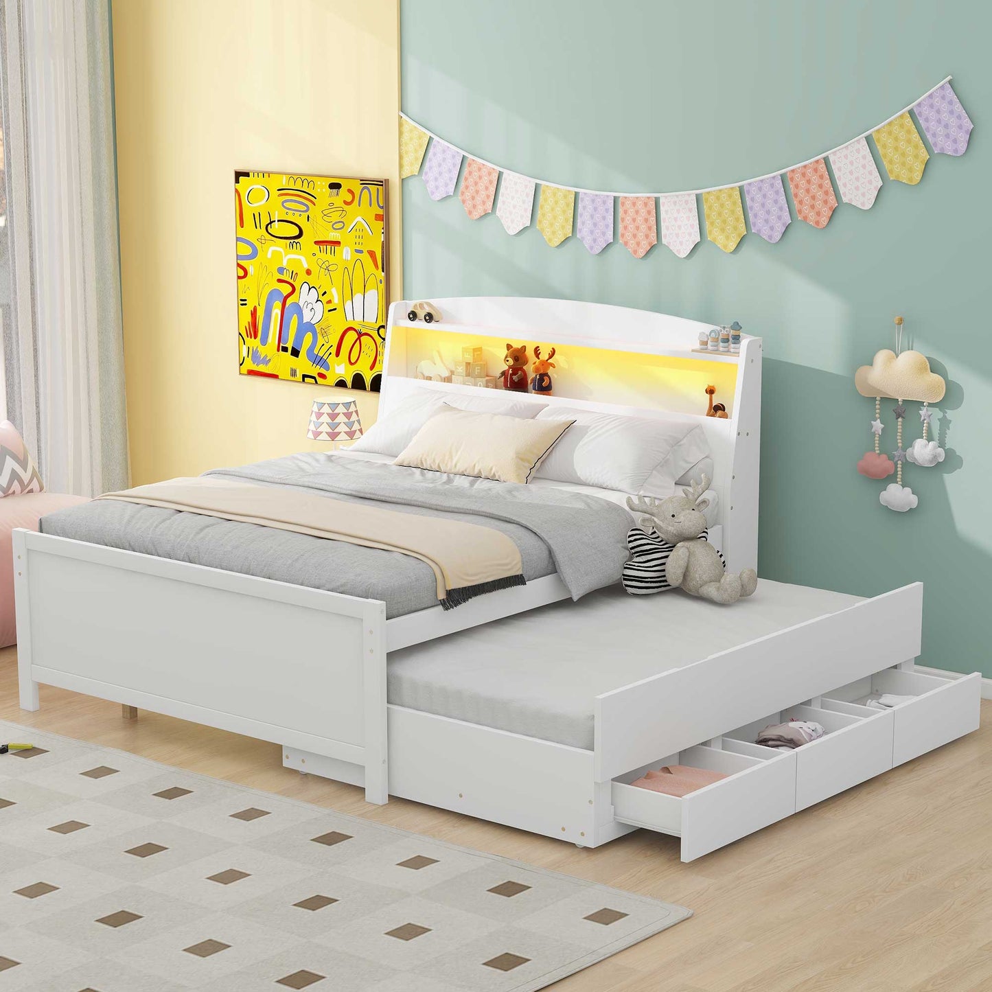 White wood kids bed with trundle and builtin drawers for storage