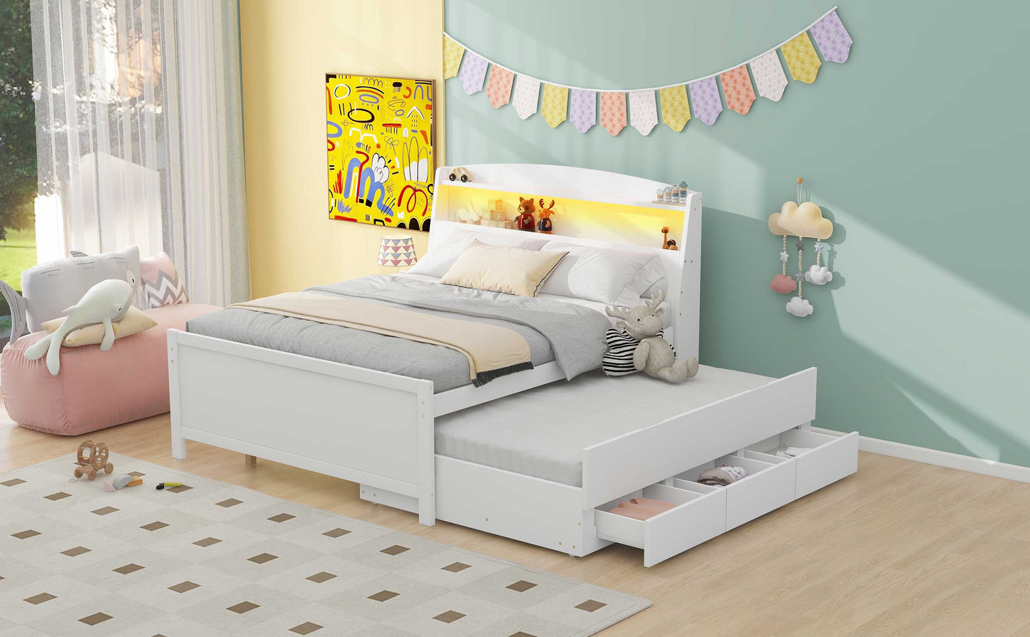 White wood twin bed with trundle and drawers perfect for kids rooms