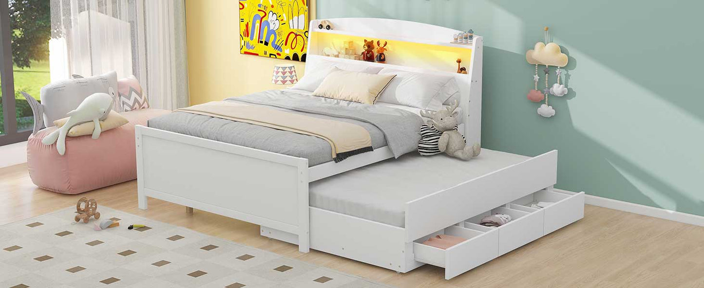 White wooden toddler bed with trundle and builtin drawers perfect for small spaces
