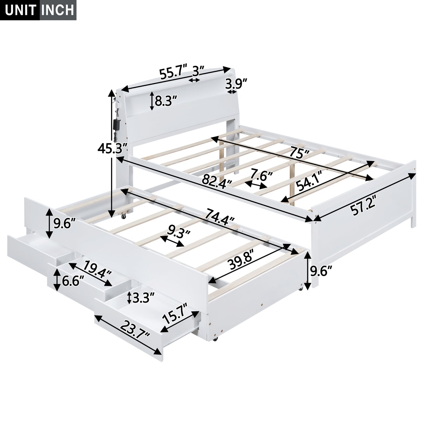 White wooden twin bed frame with integrated drawers and trundle for versatile storage and sleeping arrangements
