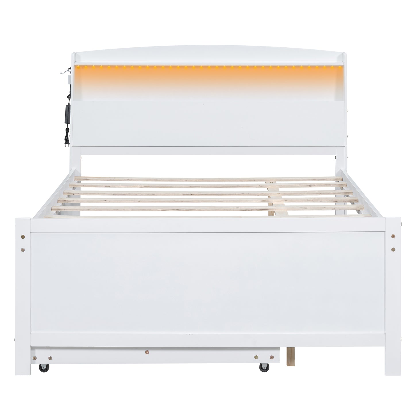 White upholstered queen bed frame with orange LED headboard lighting