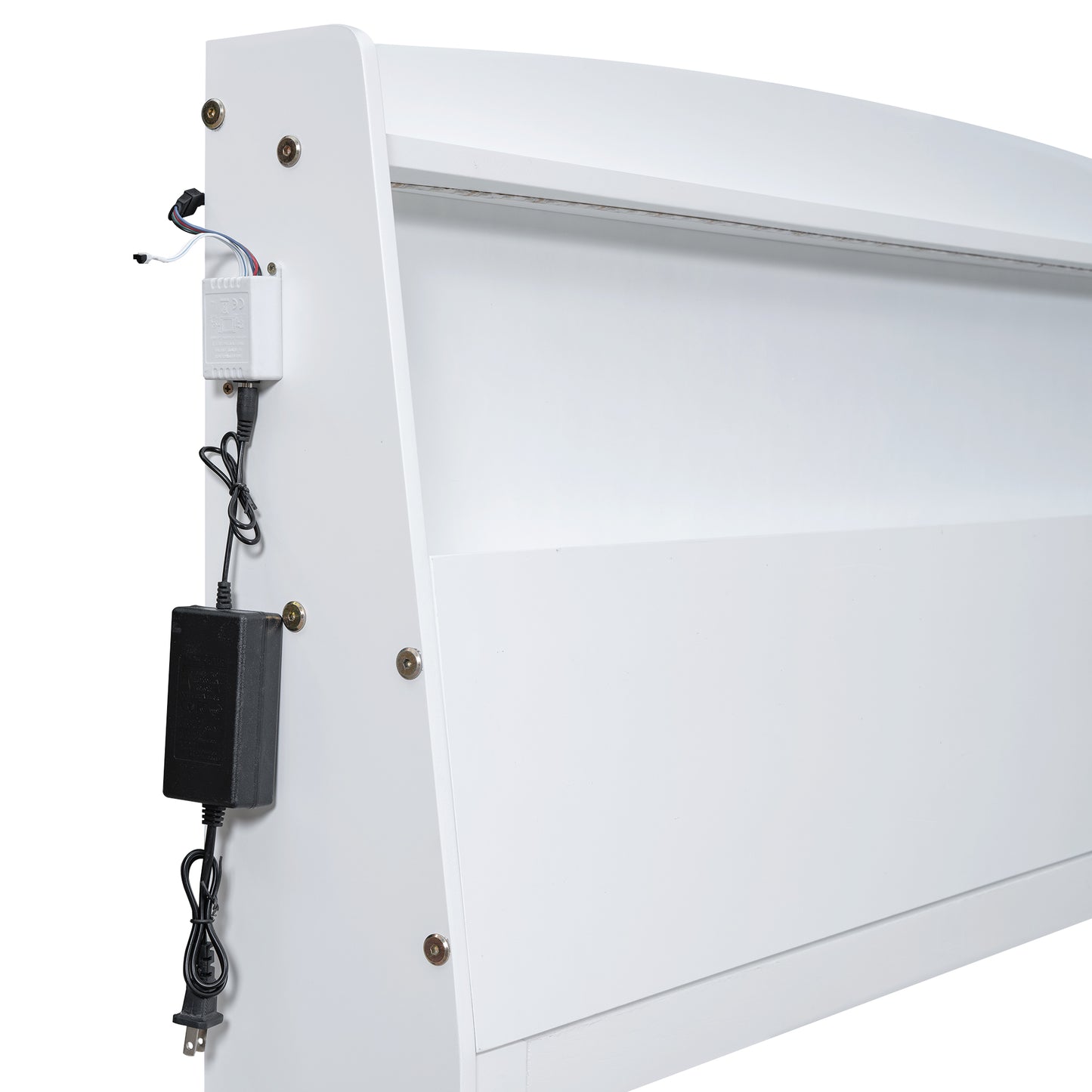 White modern bookshelf with integrated LED power adapter and controller attached