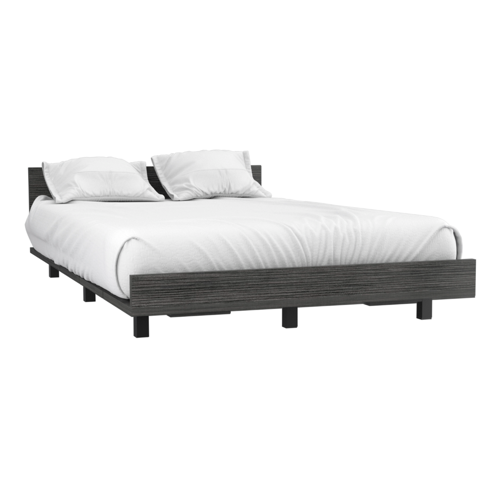 Modern dark wood platform bed with white bedding and two pillows