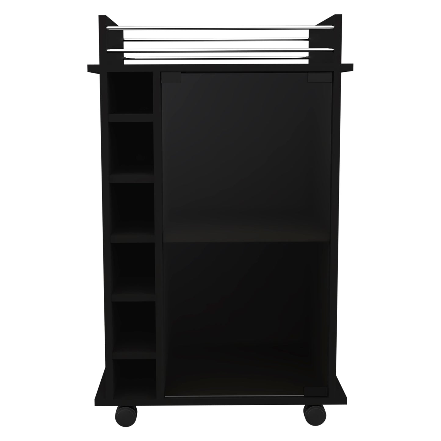 Sleek black rolling bar cart with open shelves and a cabinet door