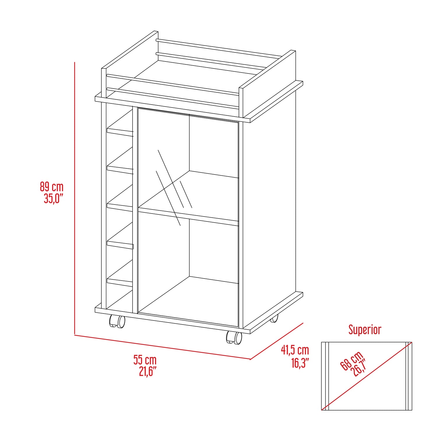 White wheeled bar cart with open shelves and two compartments