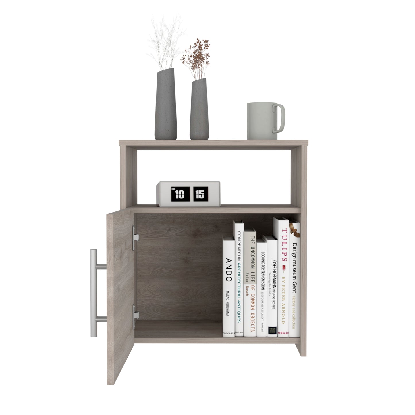 Light oak bedside table with open door and silver handle