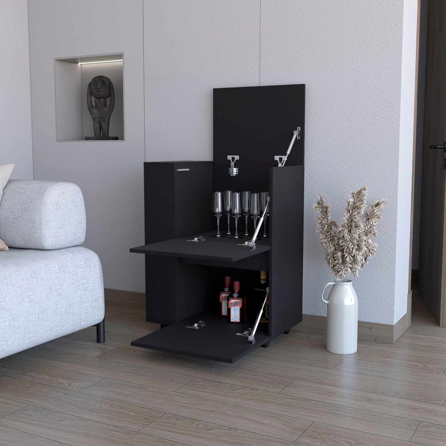 Sleek black bar cabinet with wine bottles and champagne glasses
