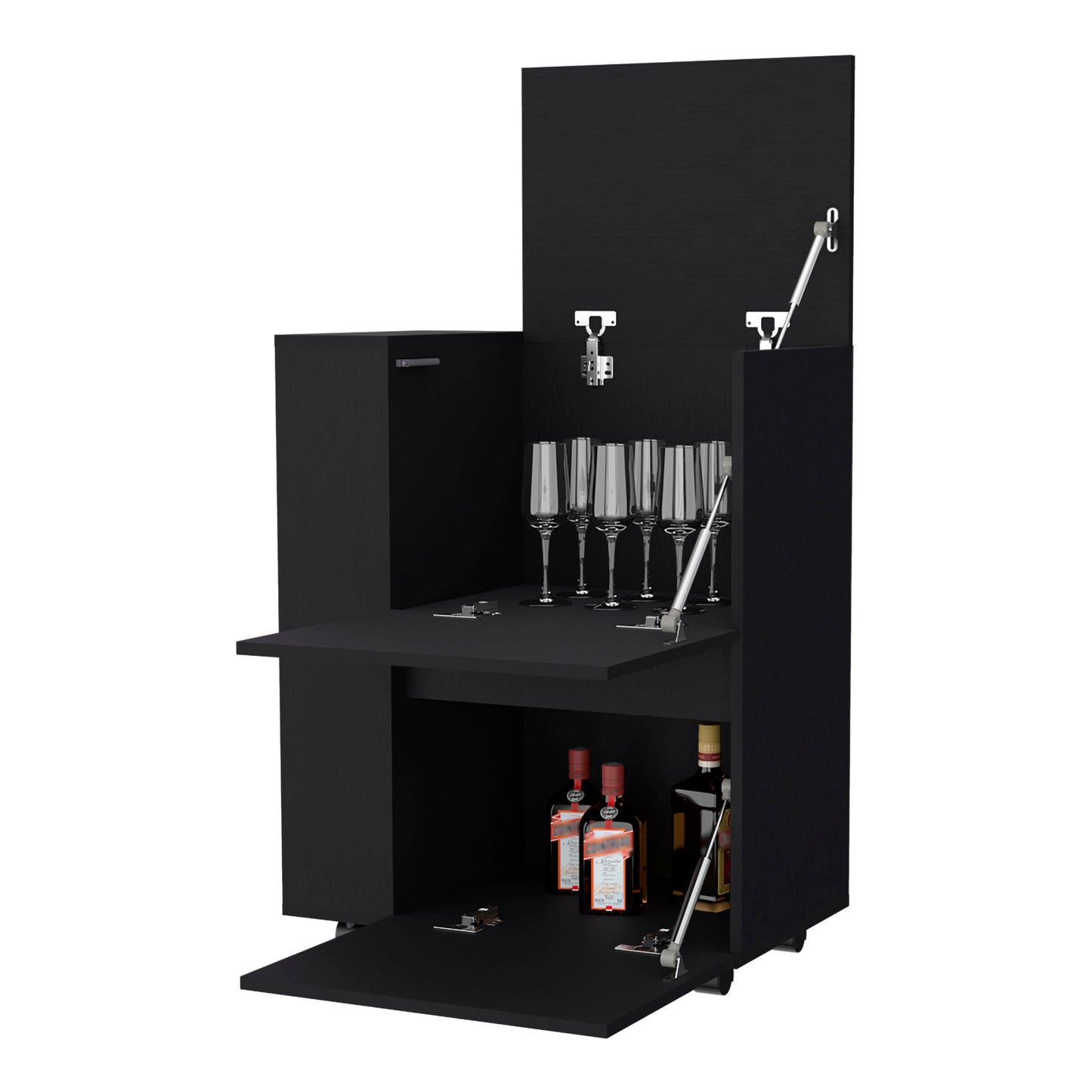 Black modern bar cabinet with builtin glass holders and bottle storage