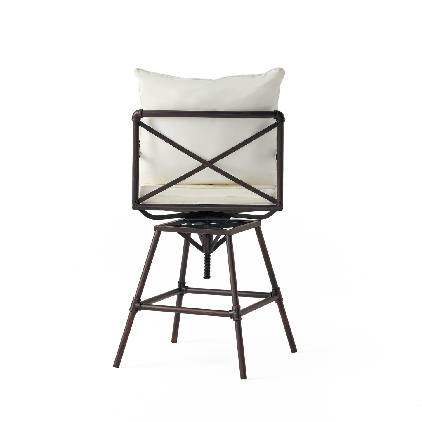 Rustic industrial swivel bar stool with dark metal frame and offwhite cushion