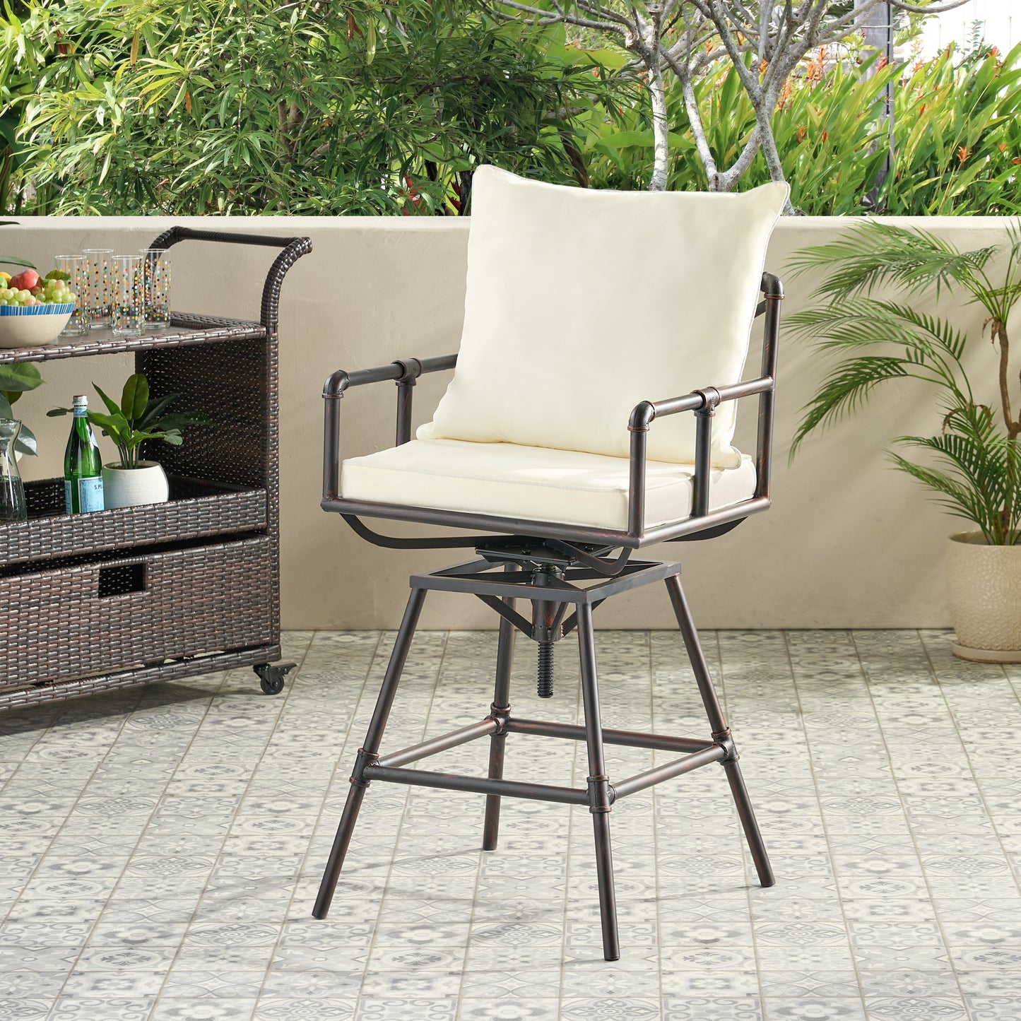 Cream cushion swivel bar stool with dark metal frame