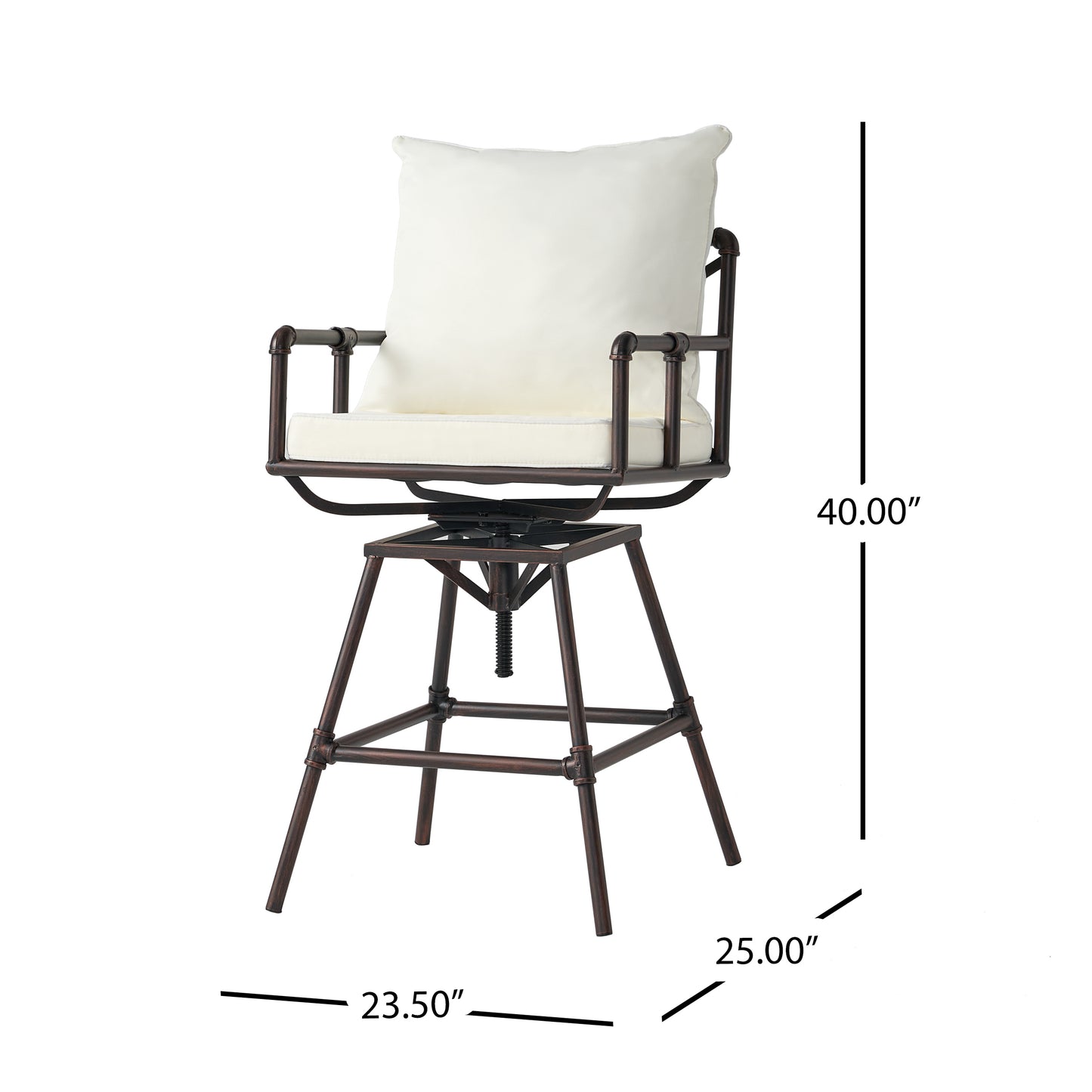 Cream upholstered industrial swivel bar stool with metal frame