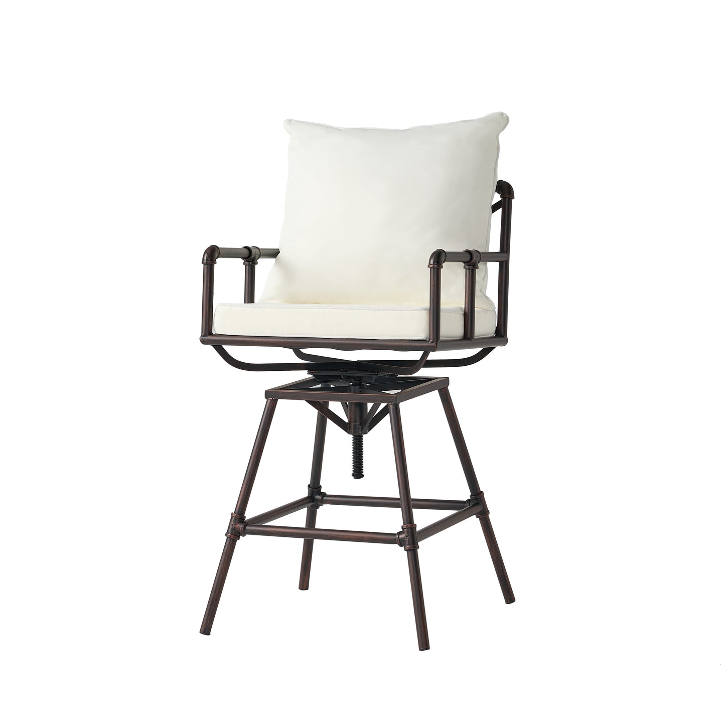 Industrial swivel bar stool with adjustable height and white seat cushion