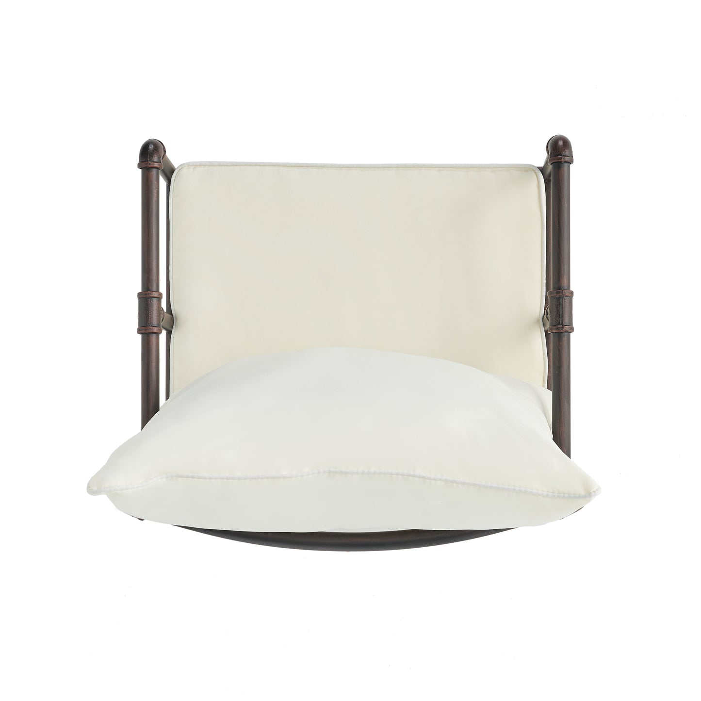 Cream upholstered metal stool with piped seat cushion