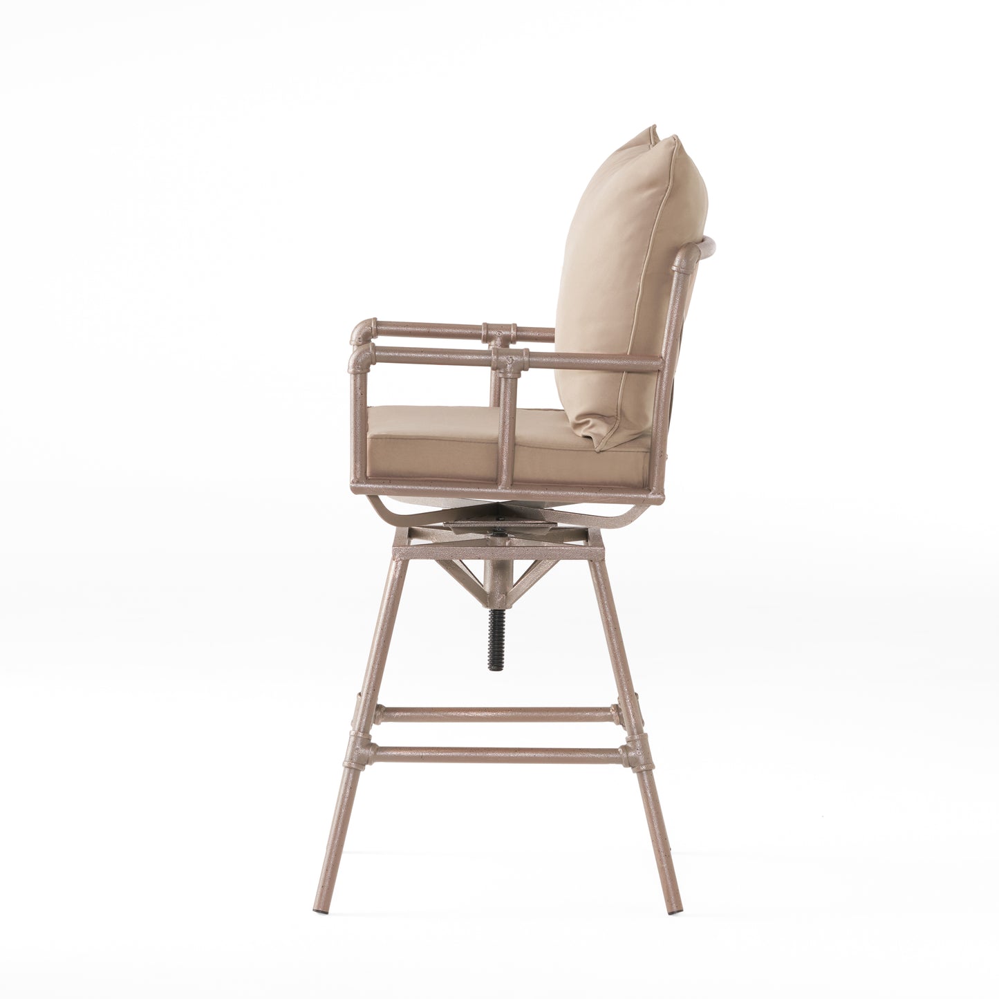 Tan swivel bar stool with industrial pipe frame and plush seat cushion