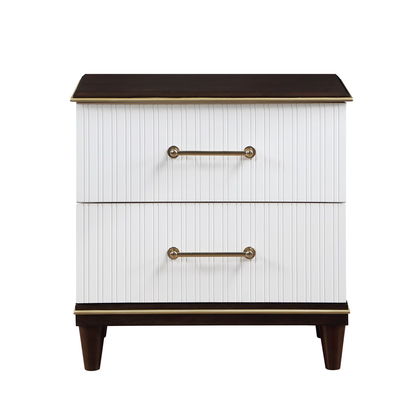 White ribbed twodrawer nightstand with dark wood top and tapered legs