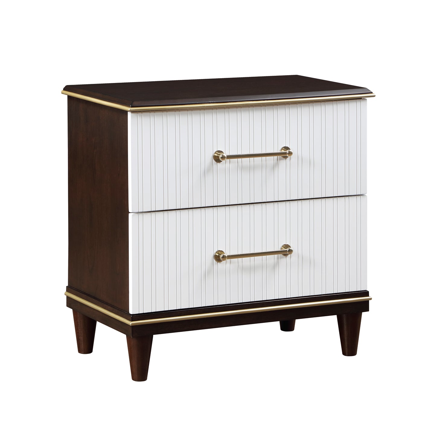 Dark wood bedside table with fluted white drawers and gold handles