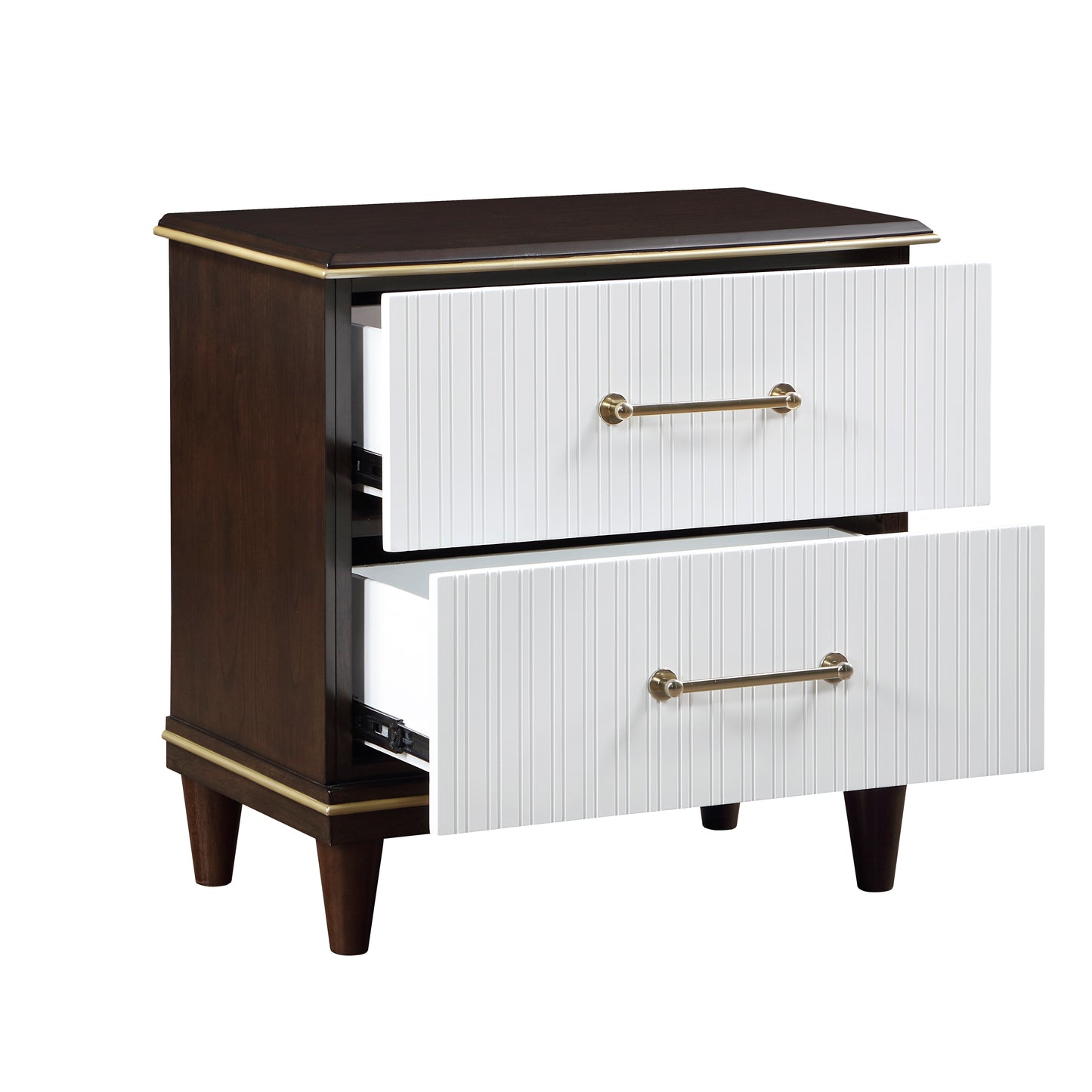 Dark wood nightstand with two white fluted drawers and brass hardware