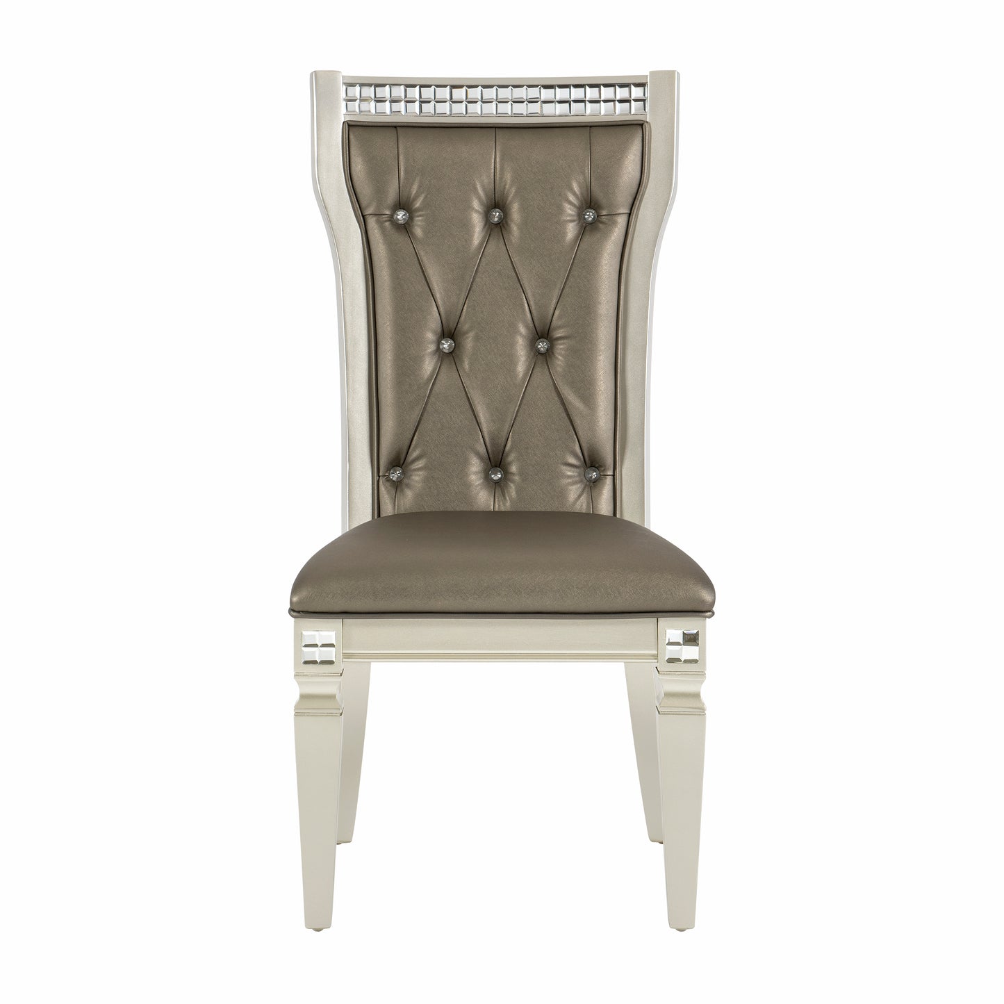 Tufted champagne leather dining chair with crystal accents and mirrored trim