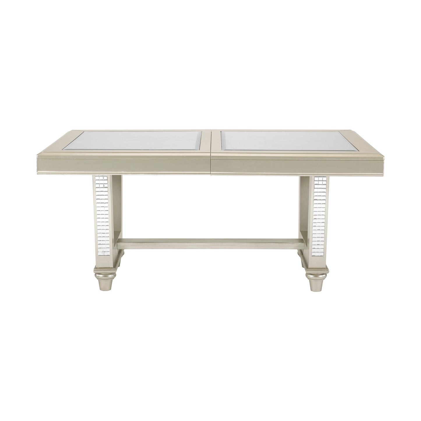 Glam dining table with mirrored top and silver legs